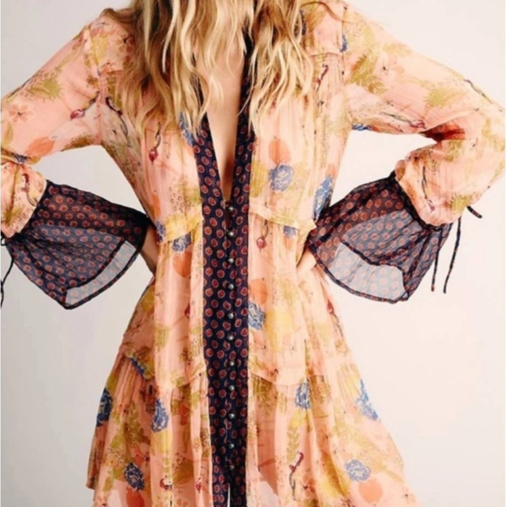 FREE PEOPLE Thunder Canyon Sheer Button Up Tunic Blouse Boho Bell Sleeve. Size S